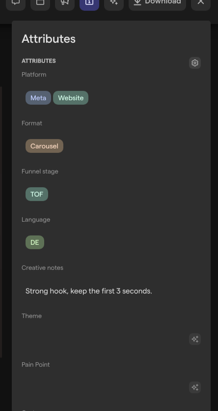 The Attributes tab of an asset, showing Platform set to Meta and Website, Format set to Carousel, Funnel stage TOF, Language DE and a Creative notes text, and below them the empty Theme and Pain Point attributes with their AI autofill buttons.