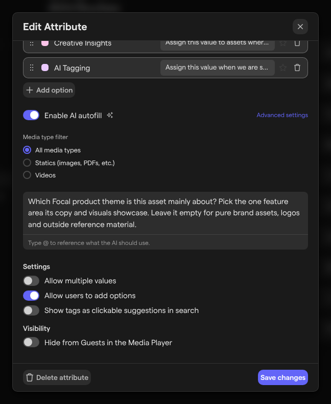 The Edit Attribute dialog of the Theme Tags attribute, with Enable AI autofill turned on, the Media type filter set to All media types, and the prompt saying what the attribute should hold.