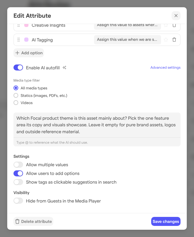 The Edit Attribute dialog of the Theme Tags attribute, with Enable AI autofill turned on, the Media type filter set to All media types, and the prompt saying what the attribute should hold.