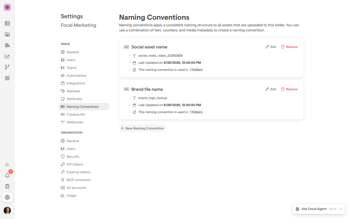 The Naming Conventions page in space settings, listing the Social asset name and Brand file name conventions with an example name, a last-updated date and the number of folders that use each.
