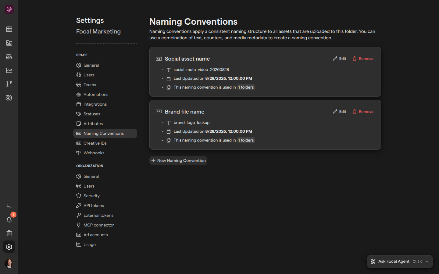 The Naming Conventions page in space settings, listing the Social asset name and Brand file name conventions with an example name, a last-updated date and the number of folders that use each.