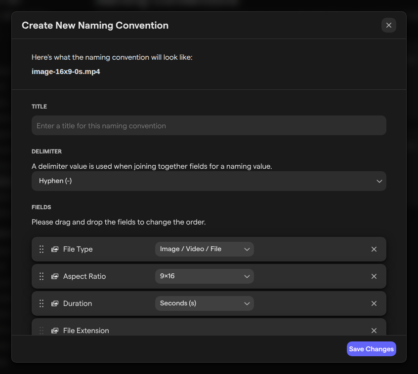 The Create New Naming Convention dialog with the example name, the Title field, the Delimiter set to Hyphen (-) and the default fields File Type, Aspect Ratio, Duration and File Extension.