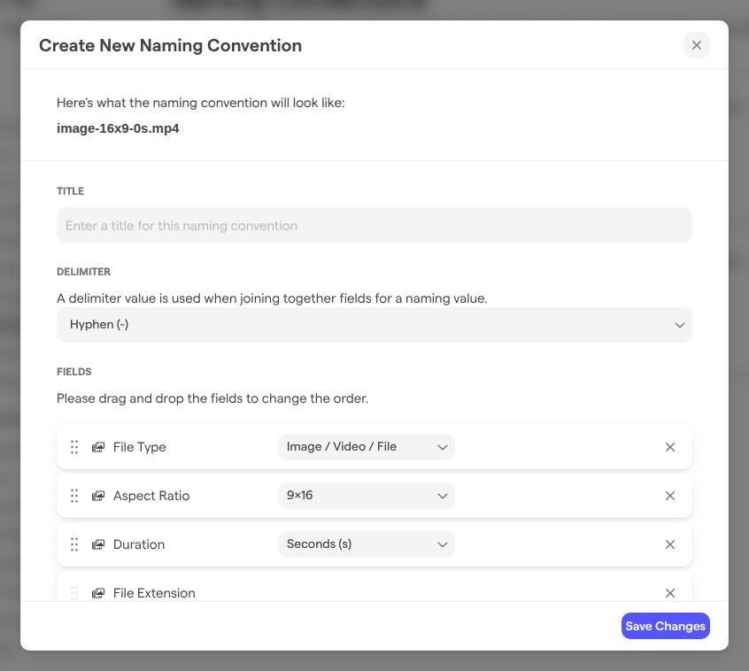 The Create New Naming Convention dialog with the example name, the Title field, the Delimiter set to Hyphen (-) and the default fields File Type, Aspect Ratio, Duration and File Extension.