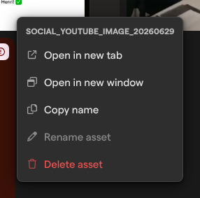 The right-click menu of the asset social_youtube_image_20260629, with Rename asset greyed out.