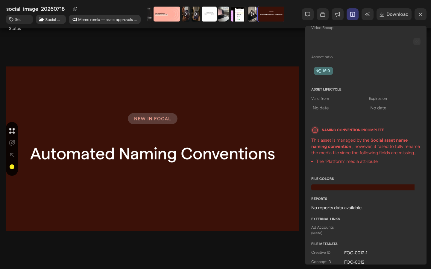 The asset view of social_image_20260718 on its Attributes tab, with the Naming Convention Incomplete section listing the Platform media attribute as missing.