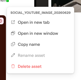 The right-click menu of the asset social_youtube_image_20260629, with Rename asset greyed out.