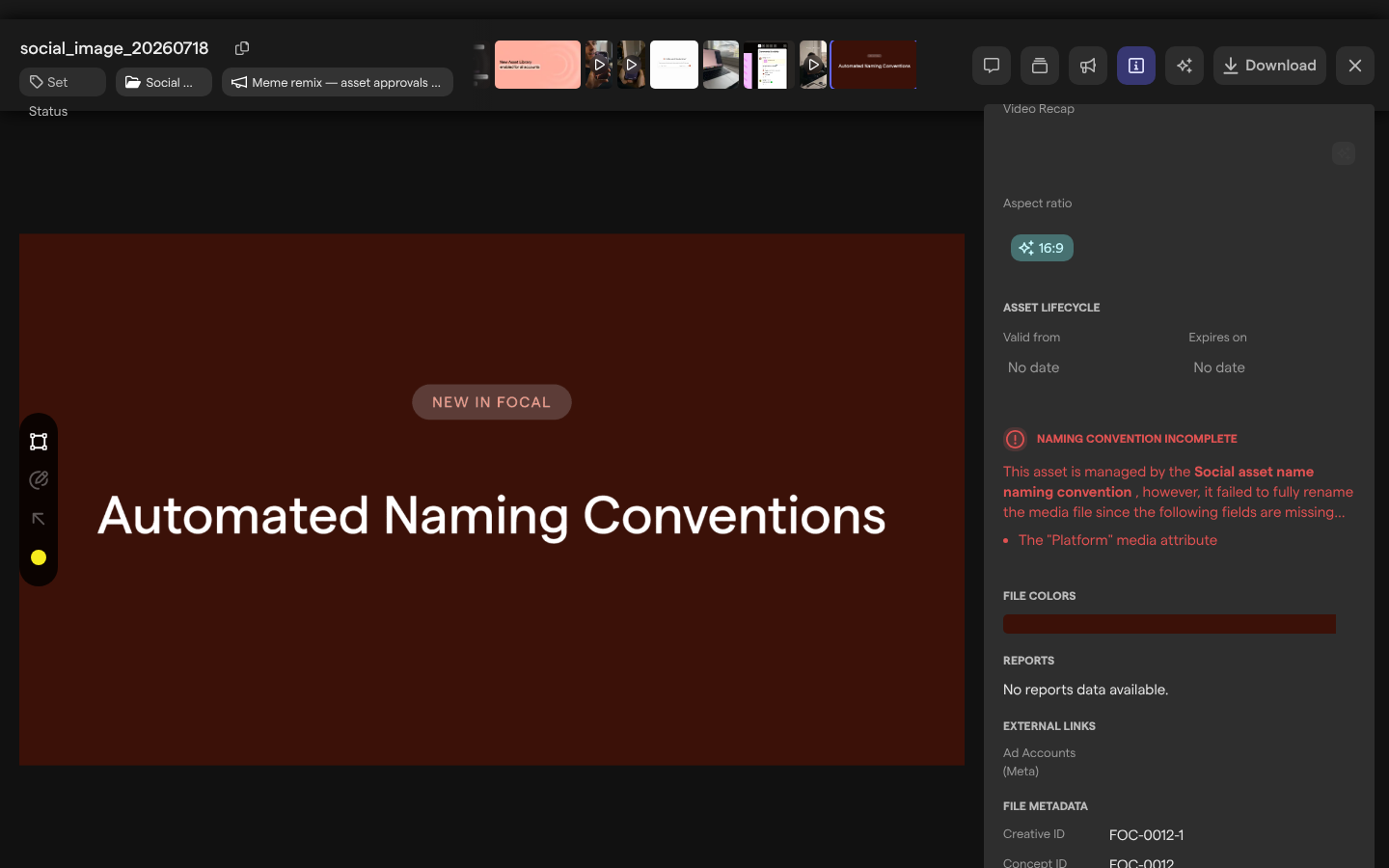 The asset view of social_image_20260718 on its Attributes tab, with the Naming Convention Incomplete section listing the Platform media attribute as missing.