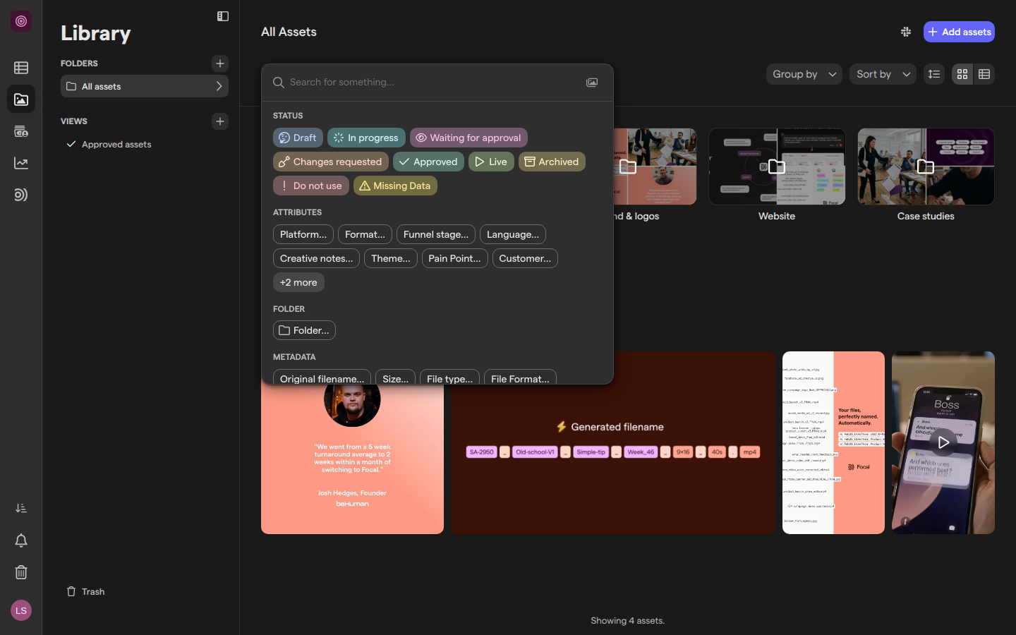The asset library with the search panel open, showing the Status, Attributes, Folder and Metadata filter groups.