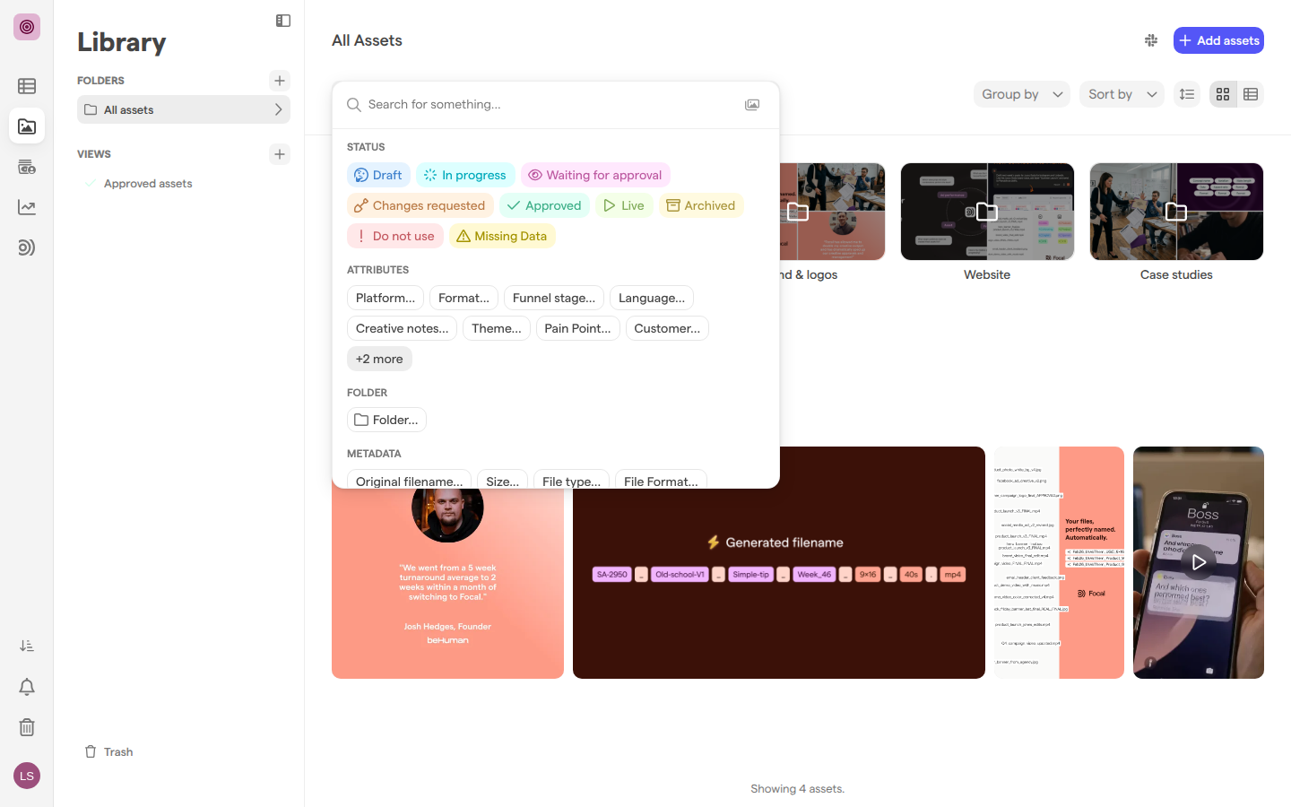 The asset library with the search panel open, showing the Status, Attributes, Folder and Metadata filter groups.