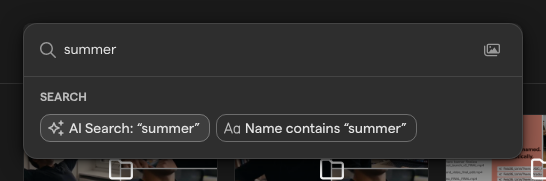 The search panel after typing “summer”, offering AI Search and Name contains.