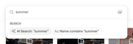 The search panel after typing “summer”, offering AI Search and Name contains.