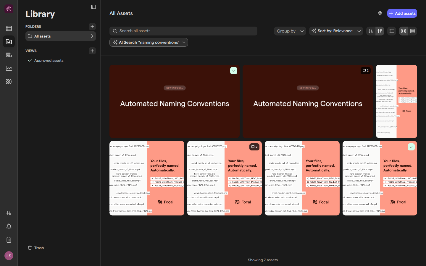 The asset library filtered by AI Search for “naming conventions”, sorted by Relevance, showing assets whose on-screen text mentions naming conventions.