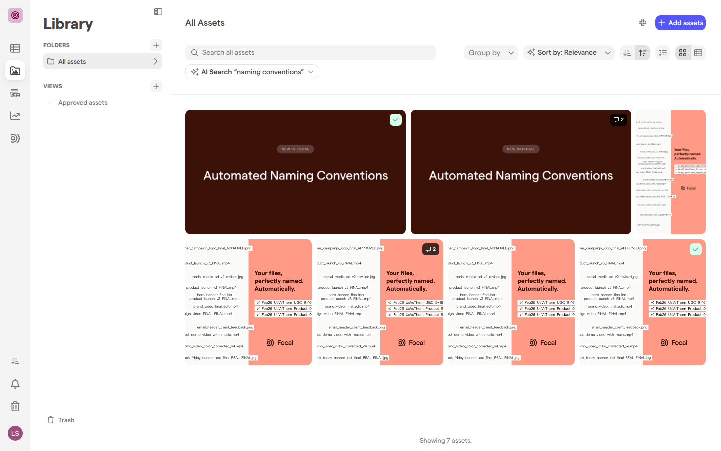 The asset library filtered by AI Search for “naming conventions”, sorted by Relevance, showing assets whose on-screen text mentions naming conventions.