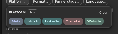 The Platform filter, with the is operator and its tag values Meta, TikTok, LinkedIn, YouTube and Website.