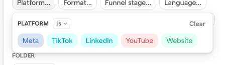 The Platform filter, with the is operator and its tag values Meta, TikTok, LinkedIn, YouTube and Website.
