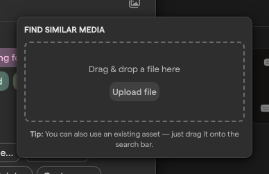The Find similar media popover, with a drop area, the Upload file button and a tip about dragging an existing asset.