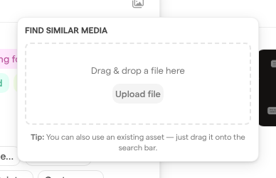 The Find similar media popover, with a drop area, the Upload file button and a tip about dragging an existing asset.