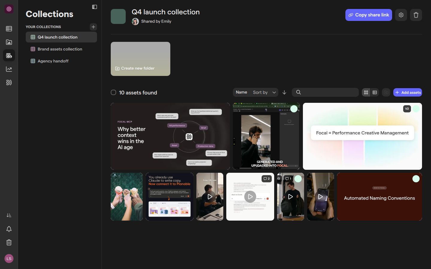 A shared collection called Q4 launch collection, with its Copy share link button, a Create new folder tile and ten assets in Gallery mode.
