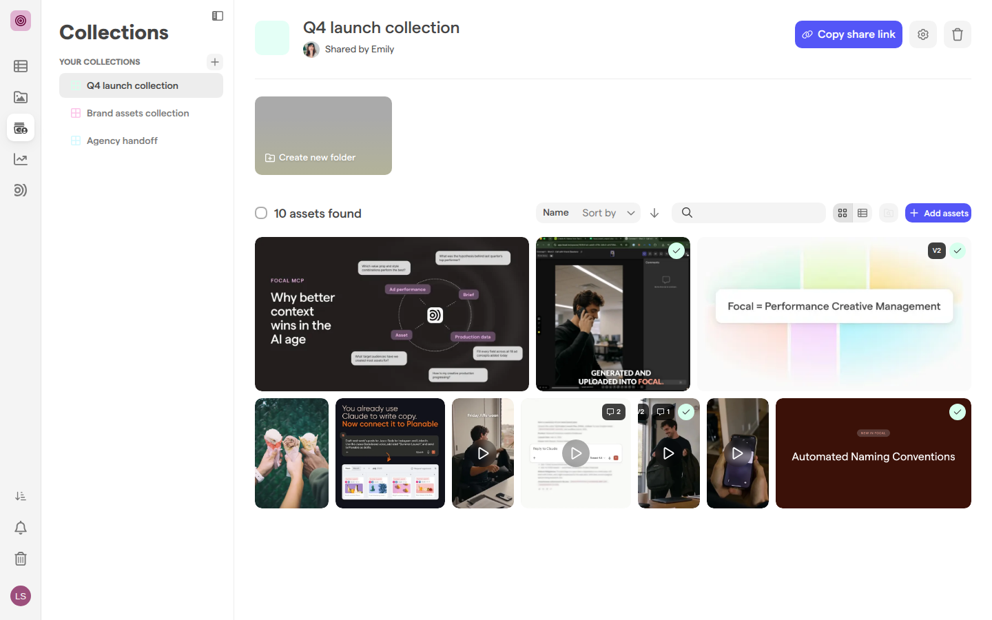 A shared collection called Q4 launch collection, with its Copy share link button, a Create new folder tile and ten assets in Gallery mode.