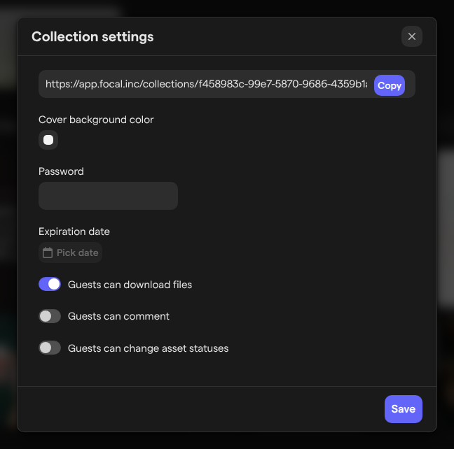 The Collection settings dialog, with the share link, cover color, password, expiration date and three guest toggles.