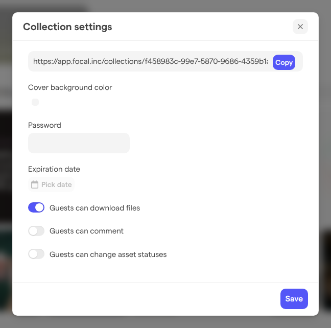 The Collection settings dialog, with the share link, cover color, password, expiration date and three guest toggles.