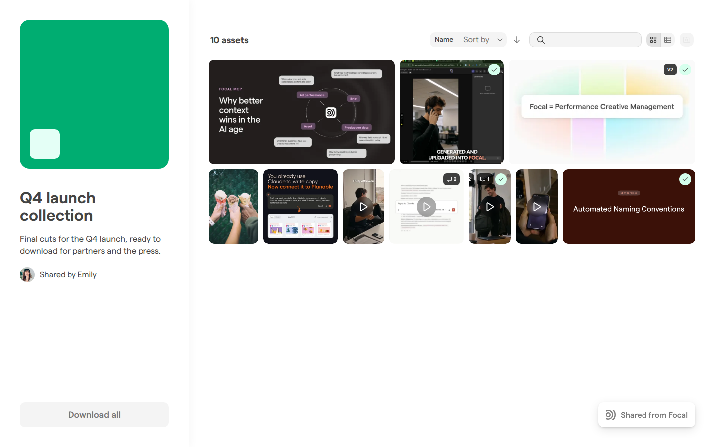 The public page of a shared collection, with its cover, name, description, a Download all button and ten assets.