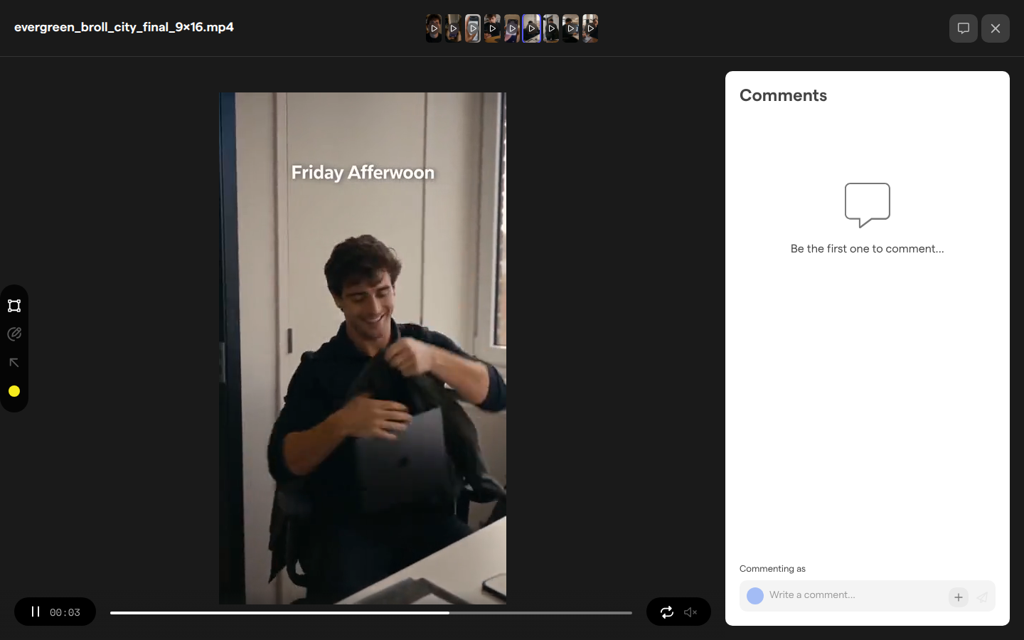 An asset open in the public viewer of a shared collection, with the Comments panel open and an empty Write a comment field.