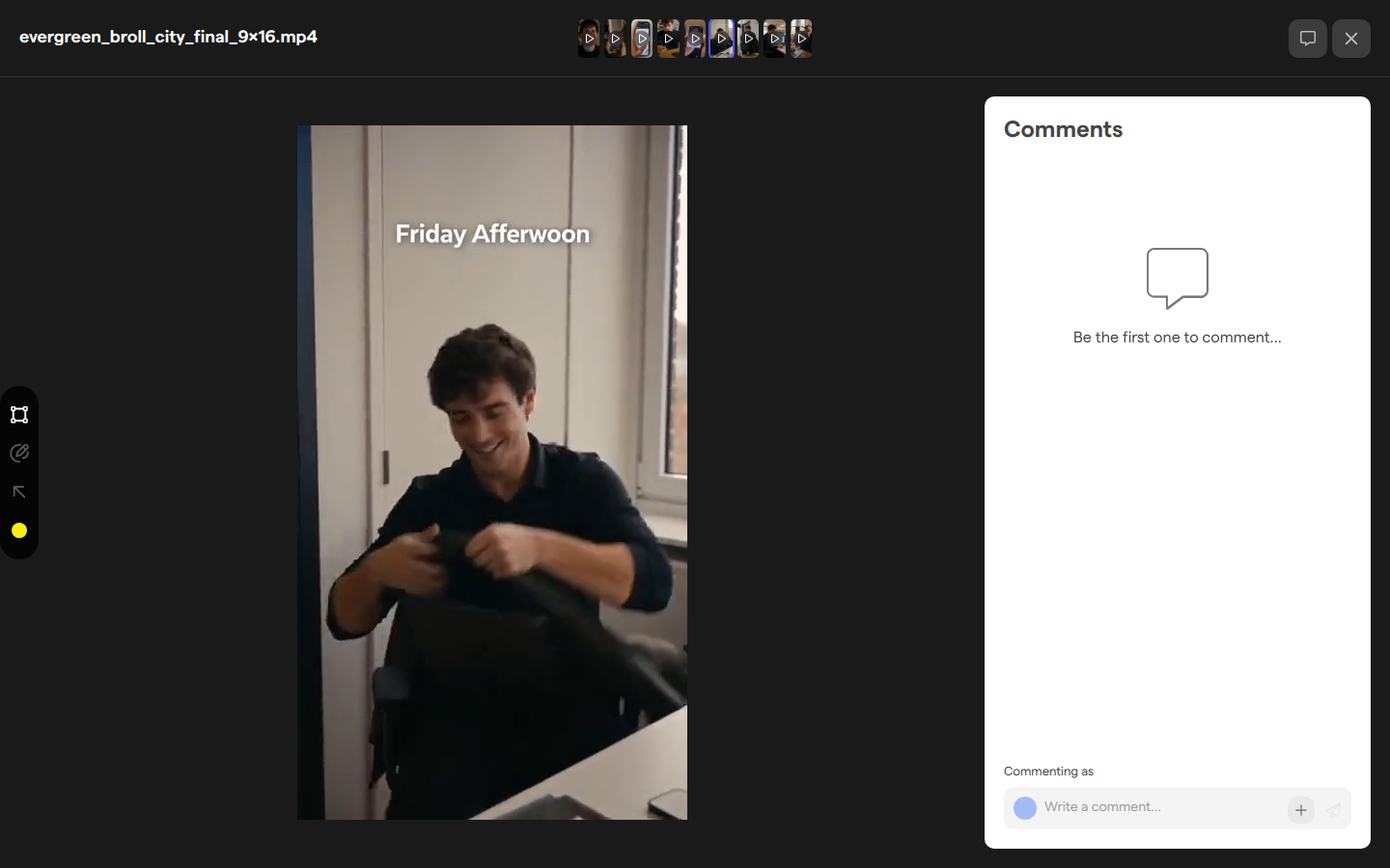 An asset open in the public viewer of a shared collection, with the Comments panel open and an empty Write a comment field.