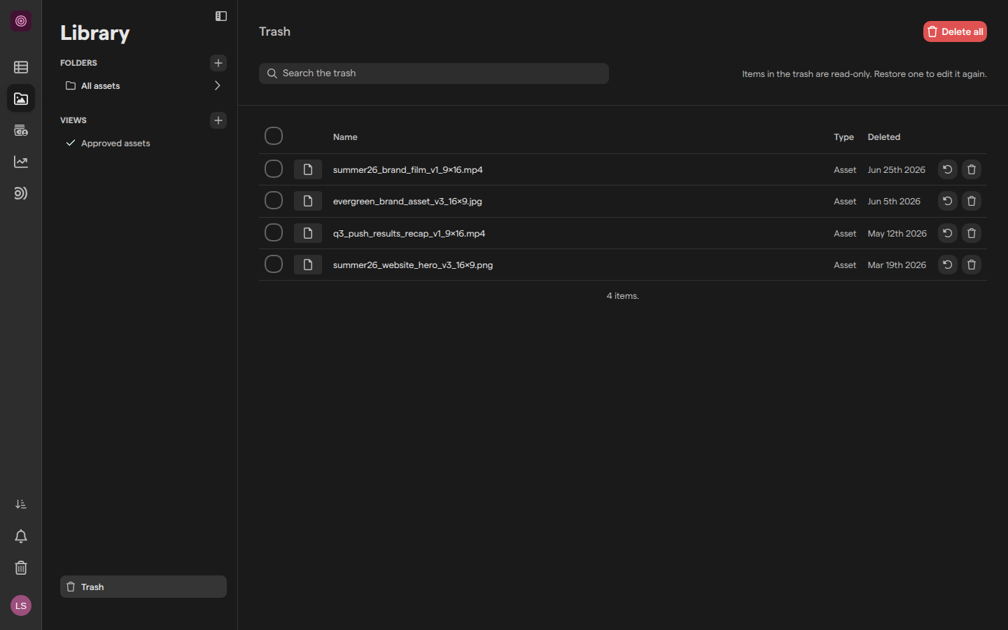 The Trash page in the asset library, listing four archived assets with their type and deletion date.