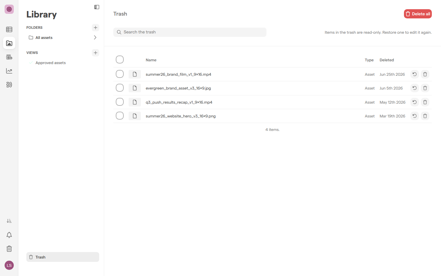 The Trash page in the asset library, listing four archived assets with their type and deletion date.