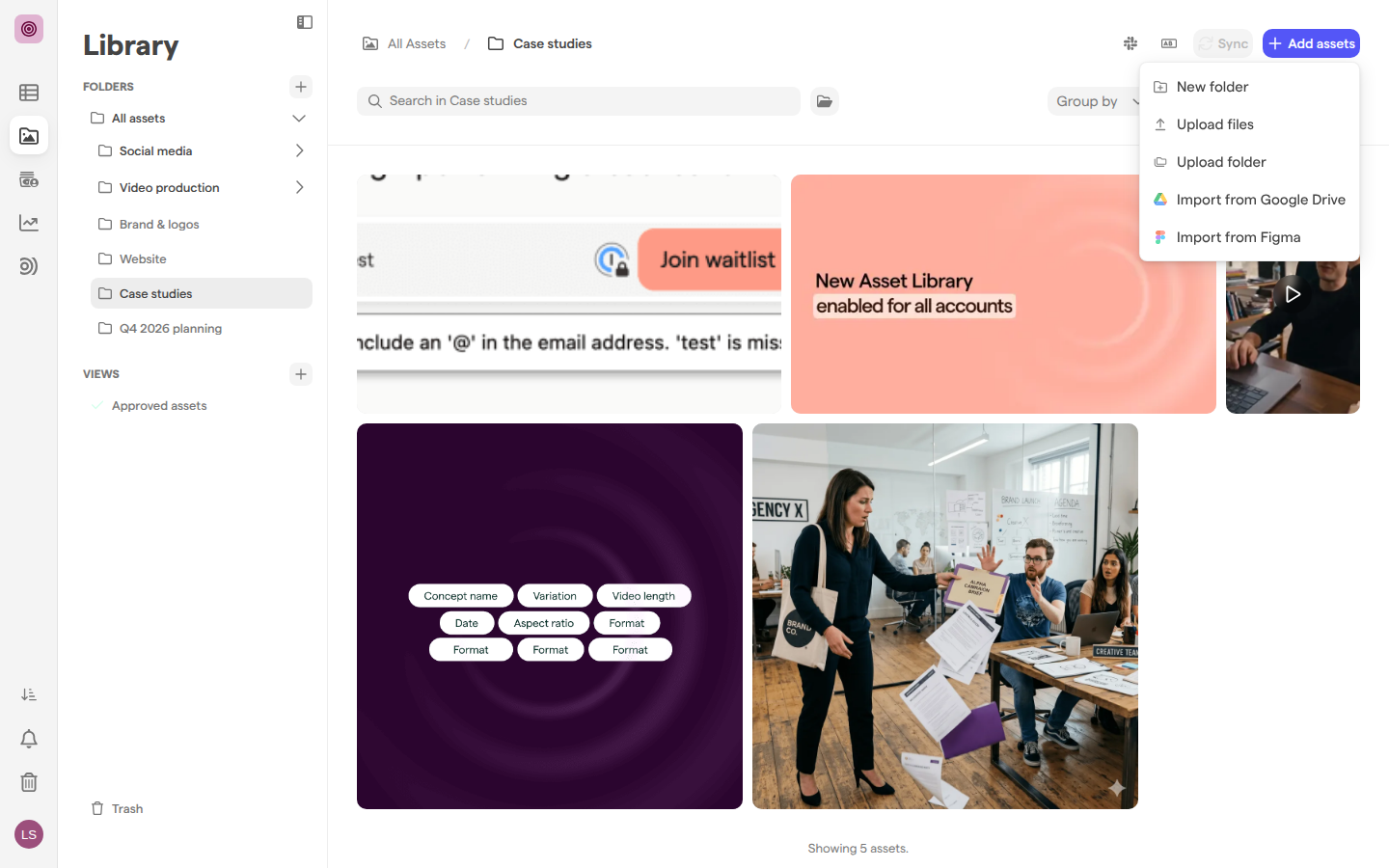 The Case studies folder in the library, with the Add assets menu open showing New folder, Upload files, Upload folder, Import from Google Drive and Import from Figma.