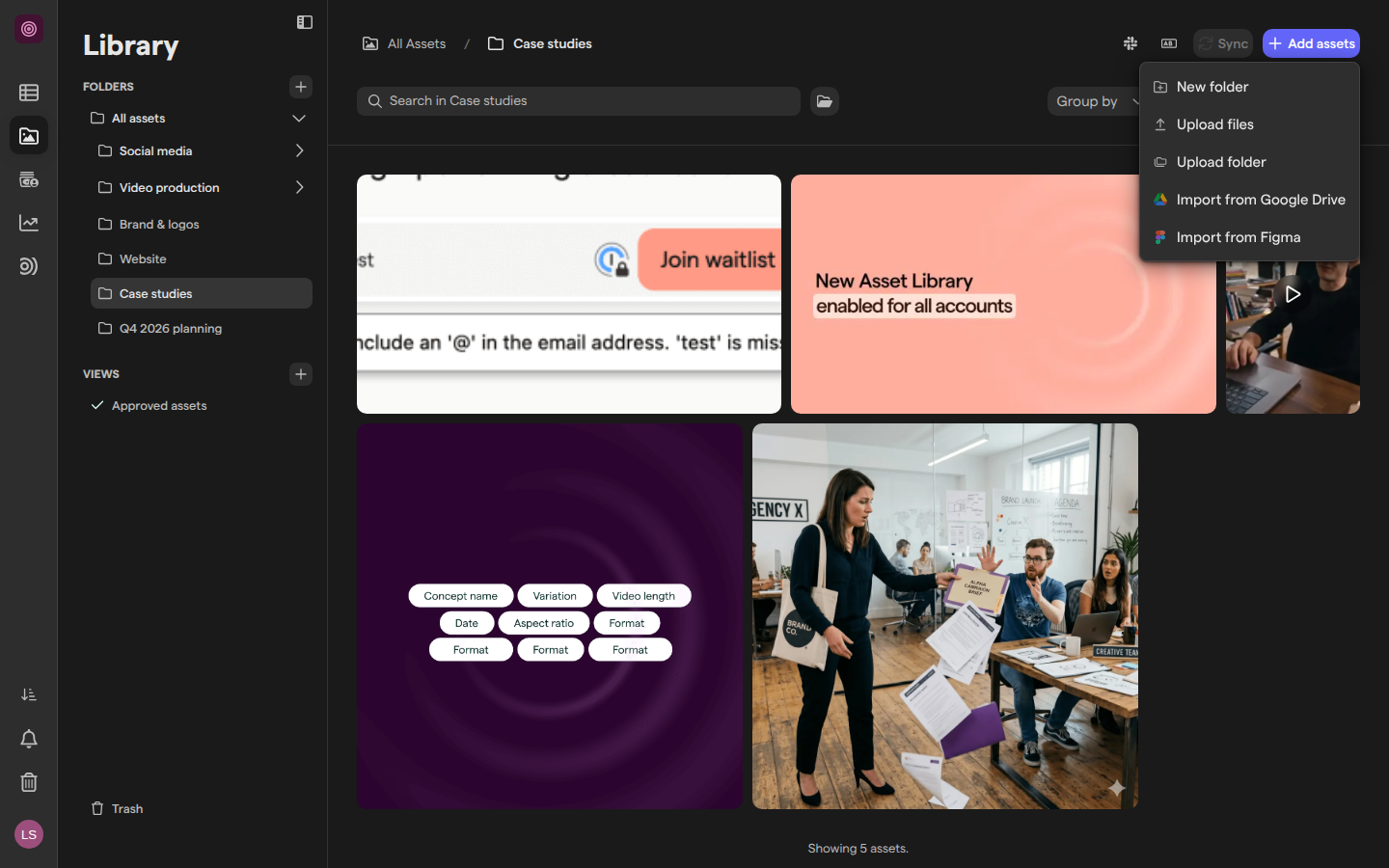 The Case studies folder in the library, with the Add assets menu open showing New folder, Upload files, Upload folder, Import from Google Drive and Import from Figma.
