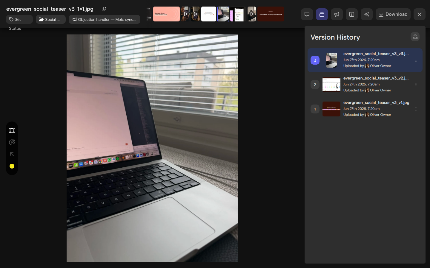 The asset view of an image with the Version History panel open, listing versions 3, 2 and 1.