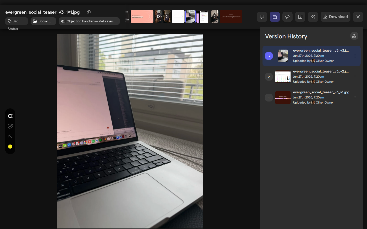 The asset view of an image with the Version History panel open, listing versions 3, 2 and 1.
