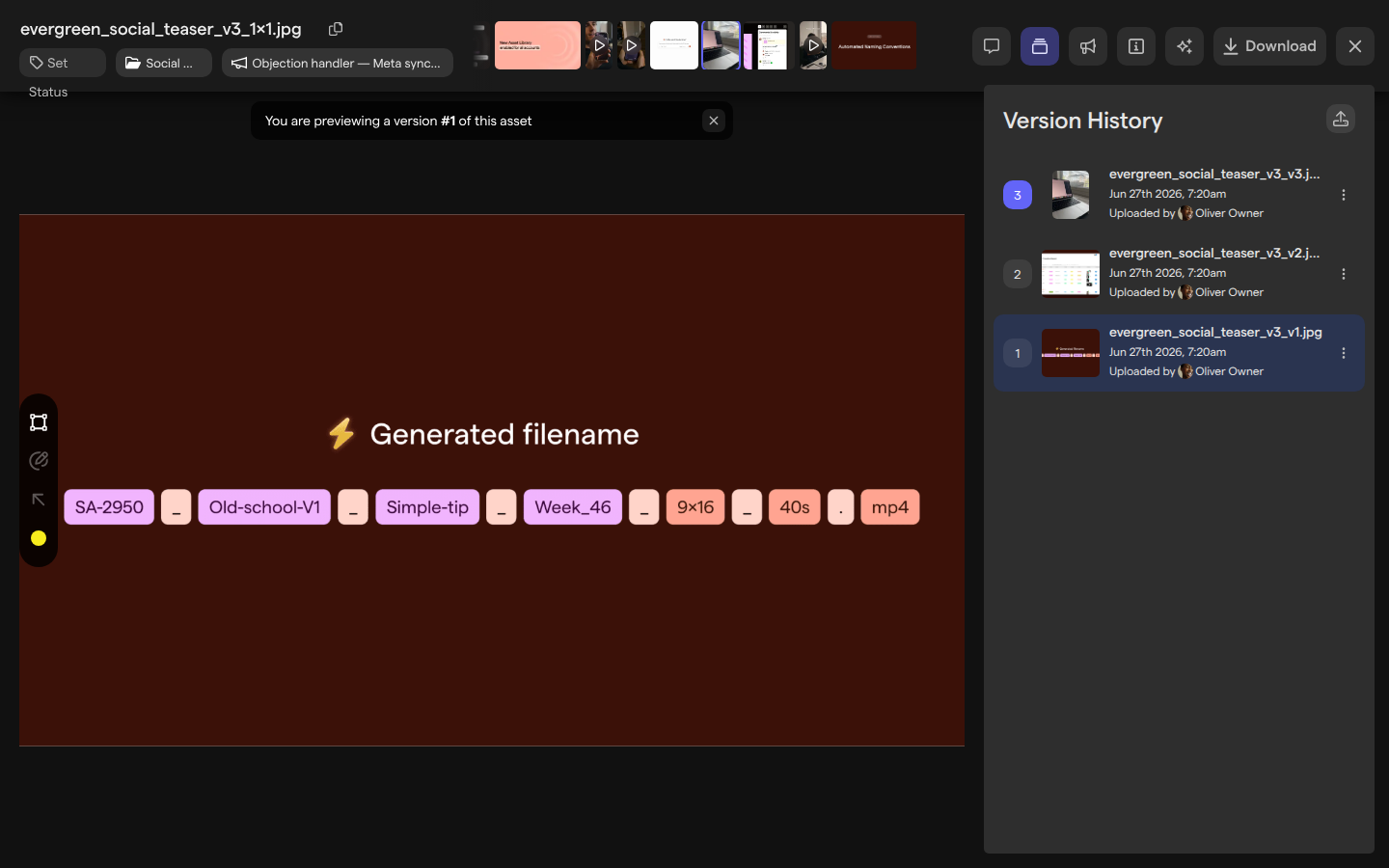 An asset showing version 1 with the banner You are previewing a version #1 of this asset above it.