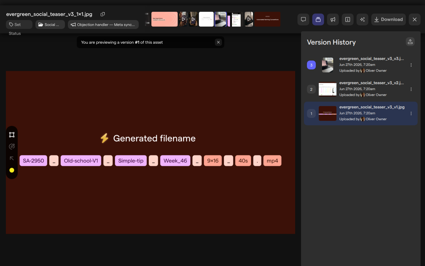 An asset showing version 1 with the banner You are previewing a version #1 of this asset above it.