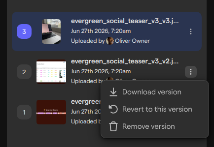 The menu on version 2 in Version History, with Download version, Revert to this version and Remove version.