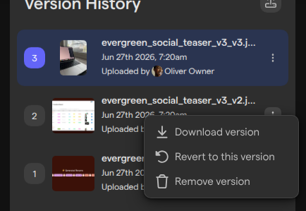 The menu on version 2 in Version History, with Download version, Revert to this version and Remove version.
