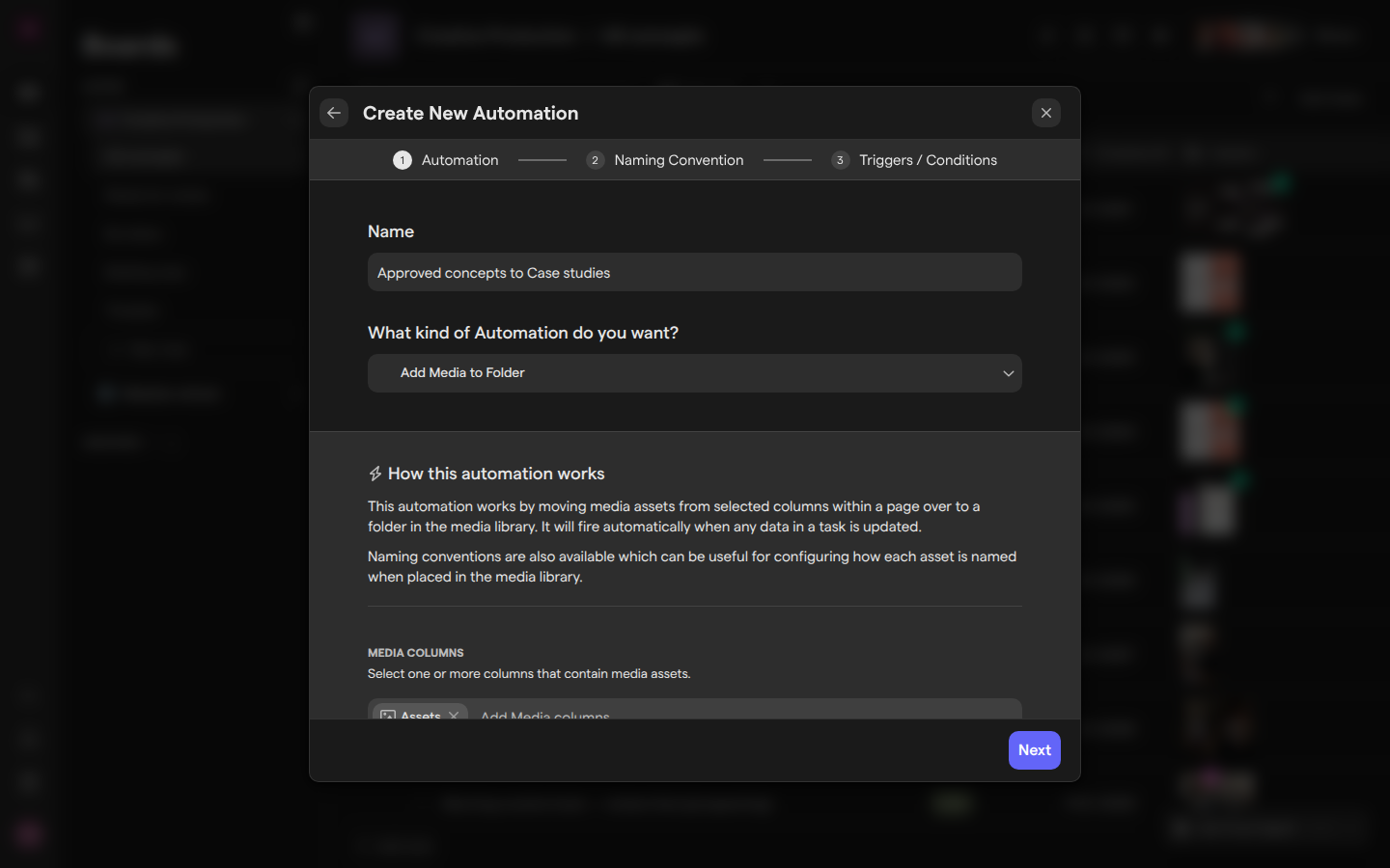 The Create New Automation dialog on the Creative Production board, with the Add Media to Folder type selected.