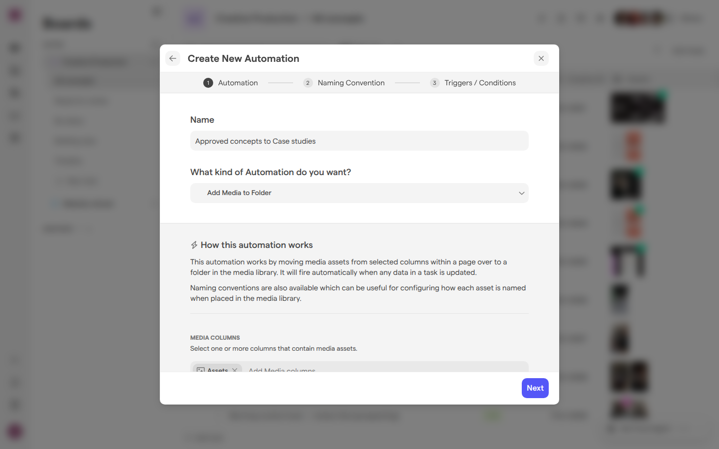 The Create New Automation dialog on the Creative Production board, with the Add Media to Folder type selected.