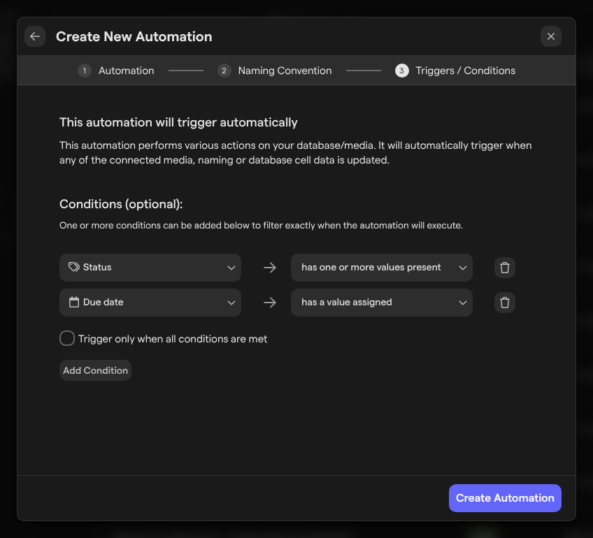 The Triggers / Conditions step with two conditions, on the Status and Due date columns.