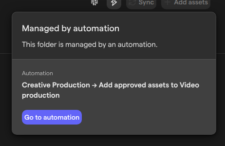 The Managed by automation details of the Video production folder, naming the Creative Production board and its automation, with a Go to automation button.