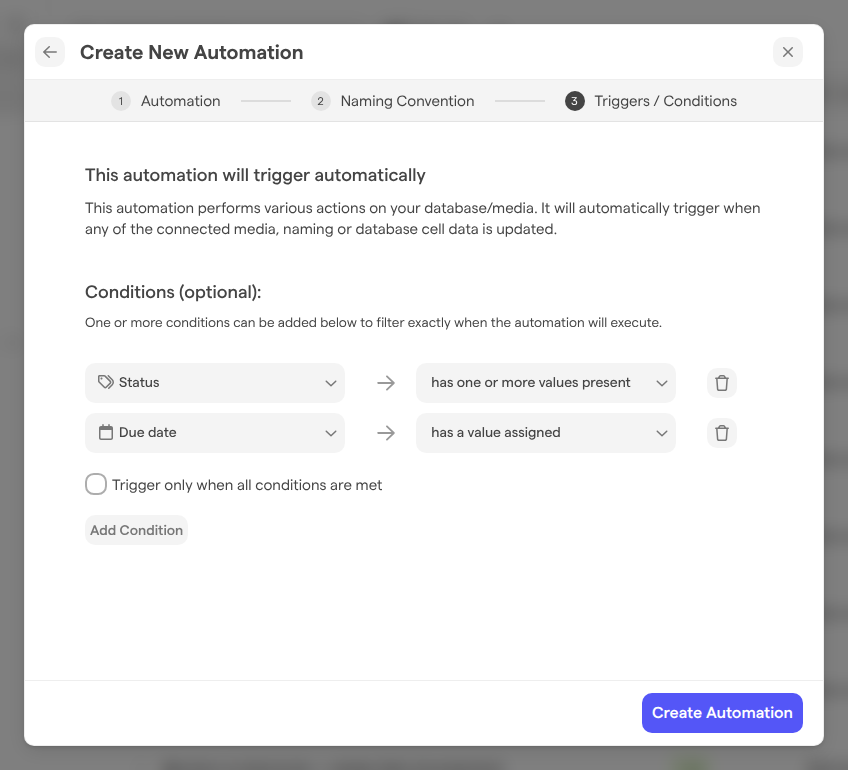 The Triggers / Conditions step with two conditions, on the Status and Due date columns.