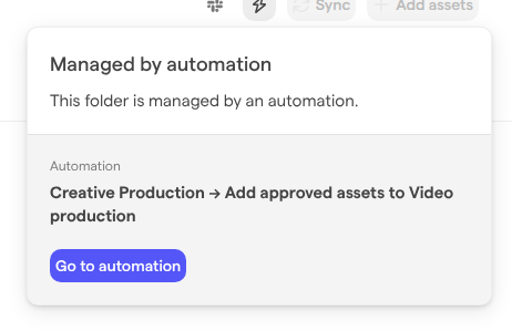 The Managed by automation details of the Video production folder, naming the Creative Production board and its automation, with a Go to automation button.