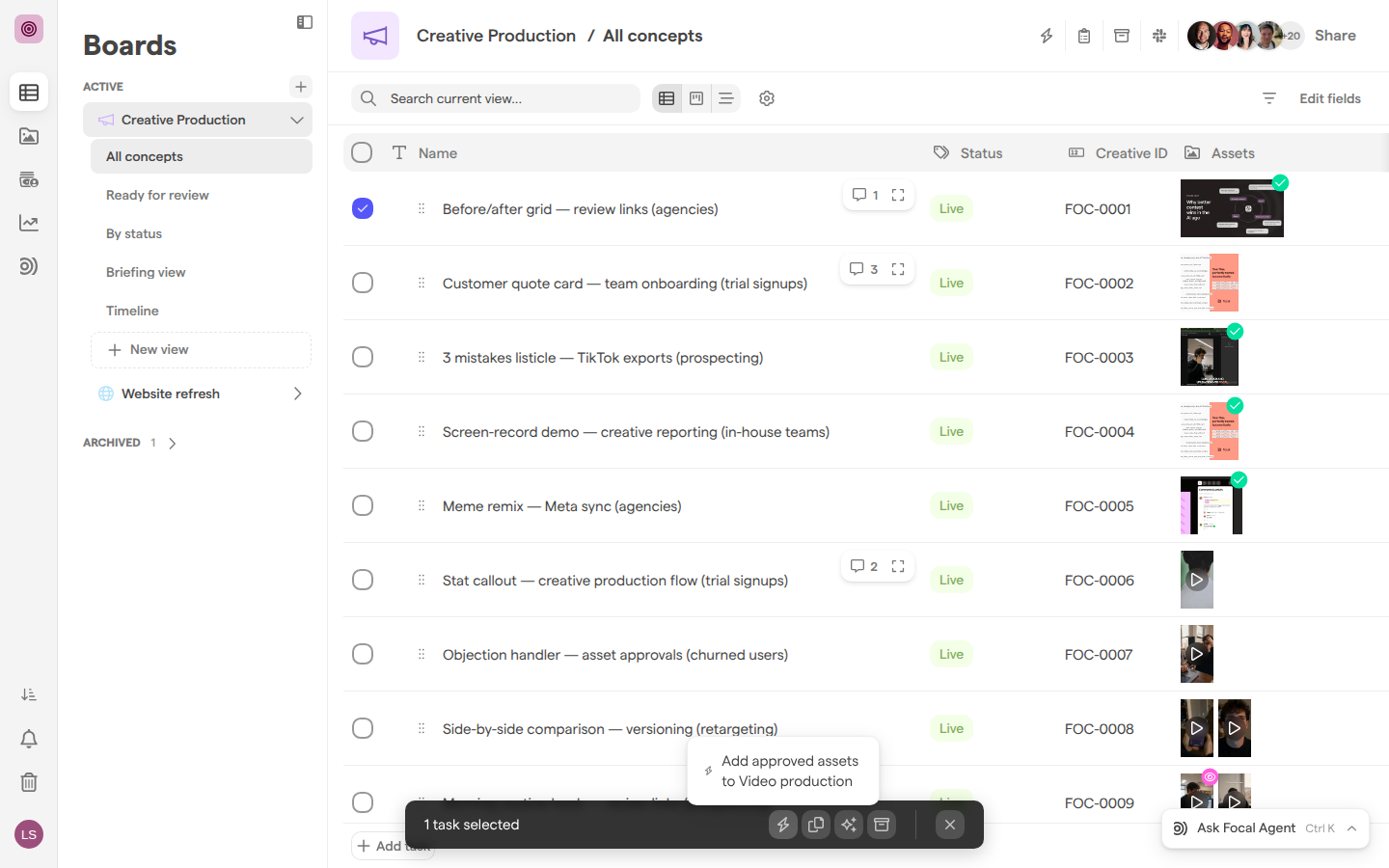The toolbar at the bottom of the Creative Production board with one task selected and the Trigger automations list open.