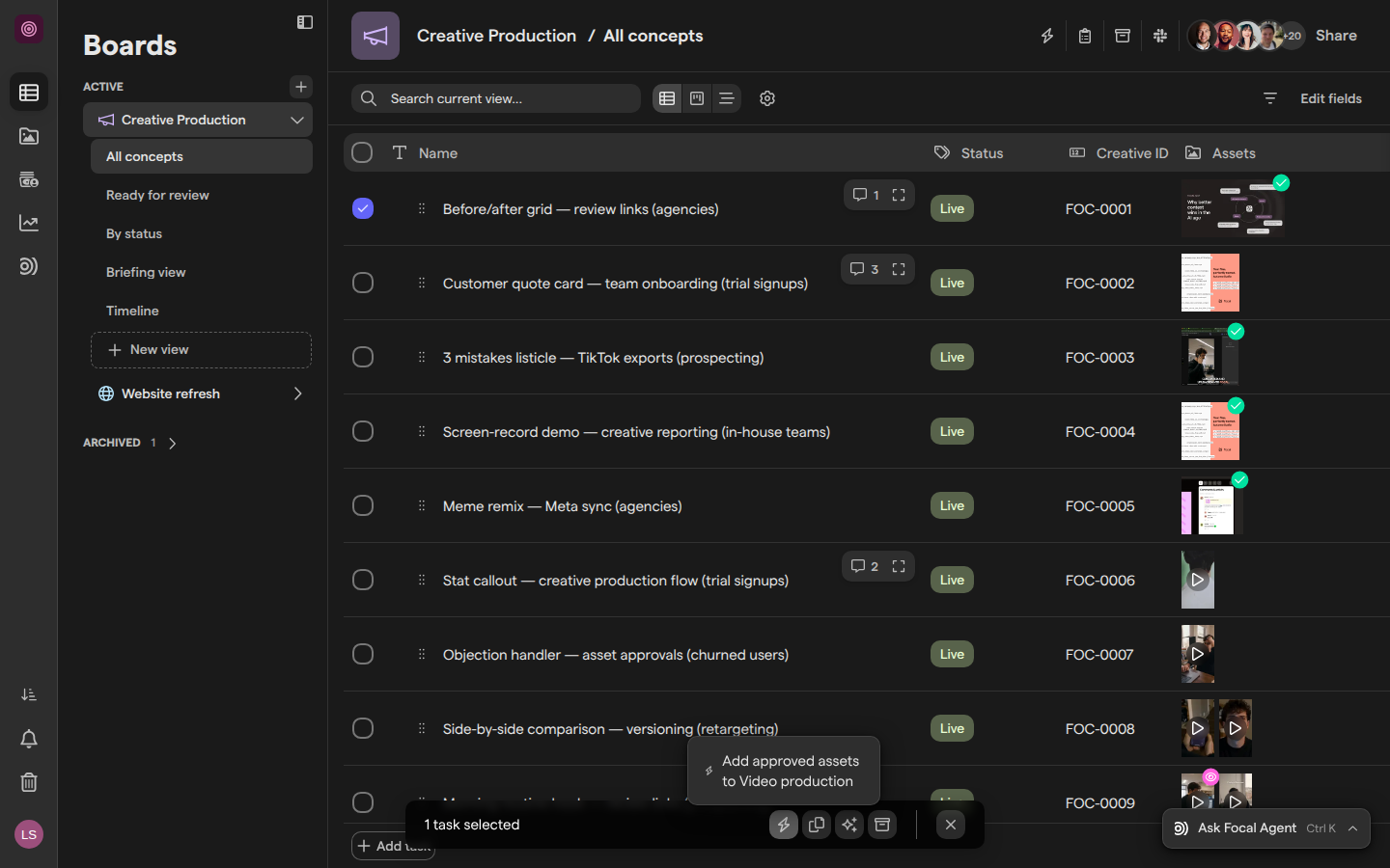 The toolbar at the bottom of the Creative Production board with one task selected and the Trigger automations list open.