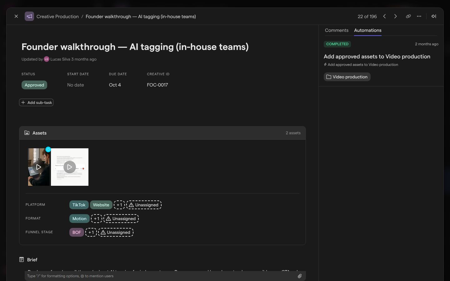 A Creative Production task’s detail view with the Automations tab open, showing a Completed run of Add approved assets to Video production and its Video production folder link.