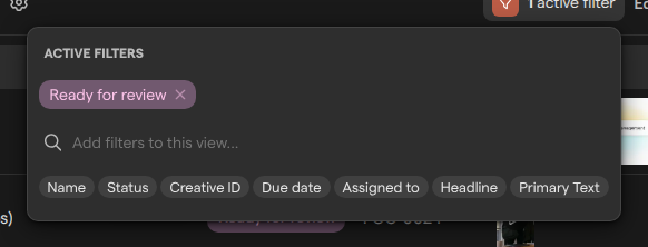 The Active Filters panel of the Ready for review view, filtering on the Ready for review status.