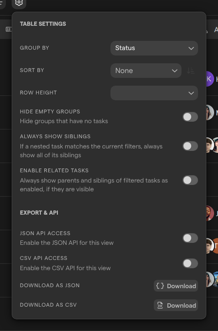 The Table settings menu of the By status view, grouped by Status.