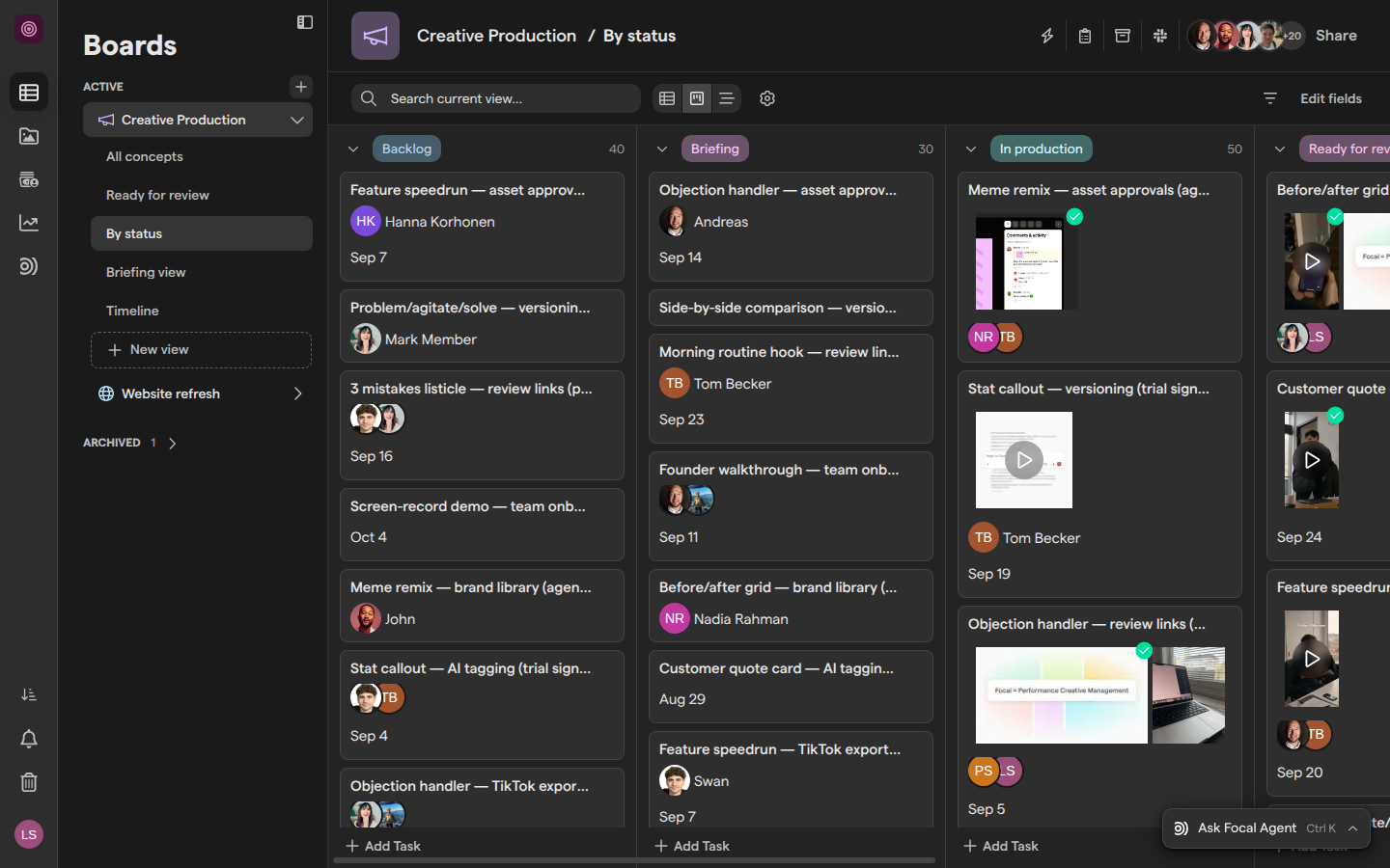 The By status view in the Kanban layout, with lanes for Backlog, Briefing, In production and Ready for review.